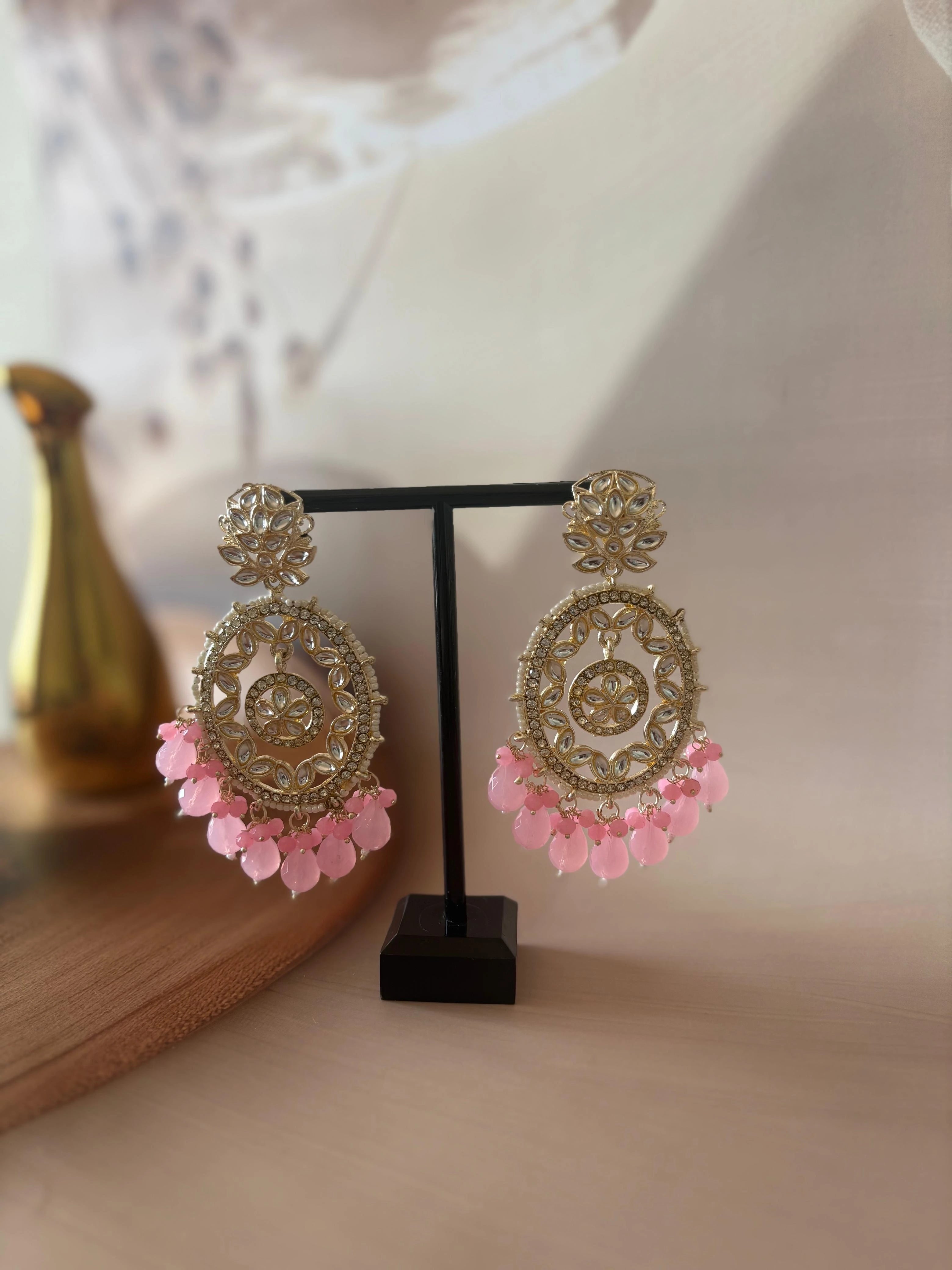 PINK KUNDAN STUDDED CHANDBALI EARRING SET