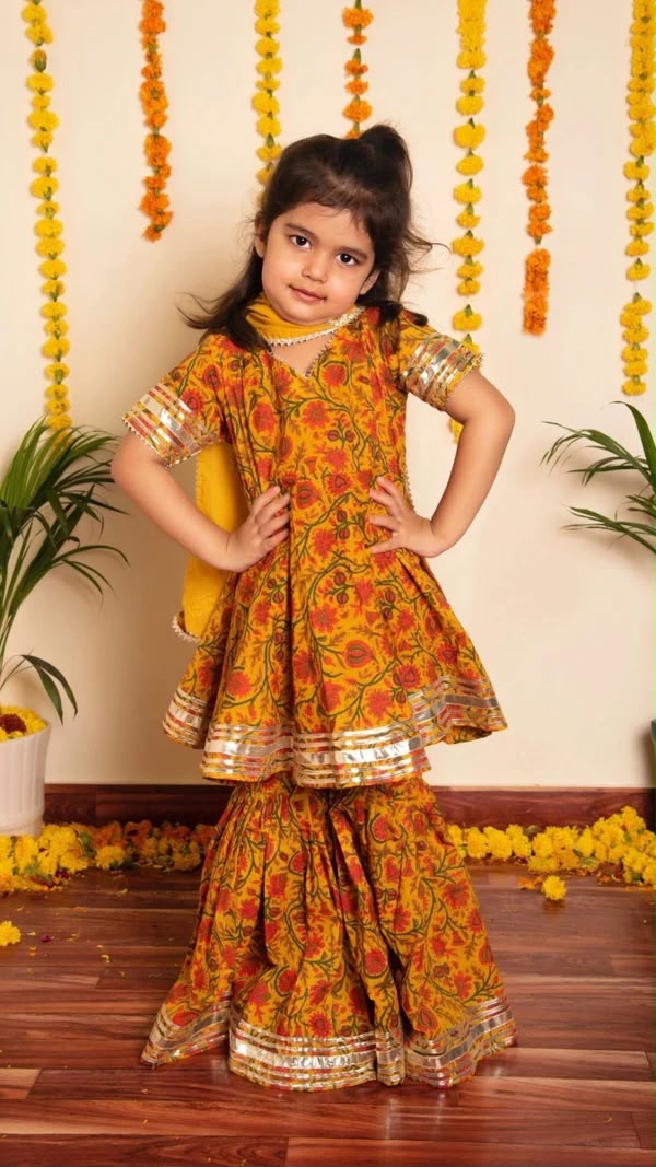 DARPAN MUSTARD YELLOW HAND BLOCK PRINT COTTON FAMILY OUTFIT COMBO