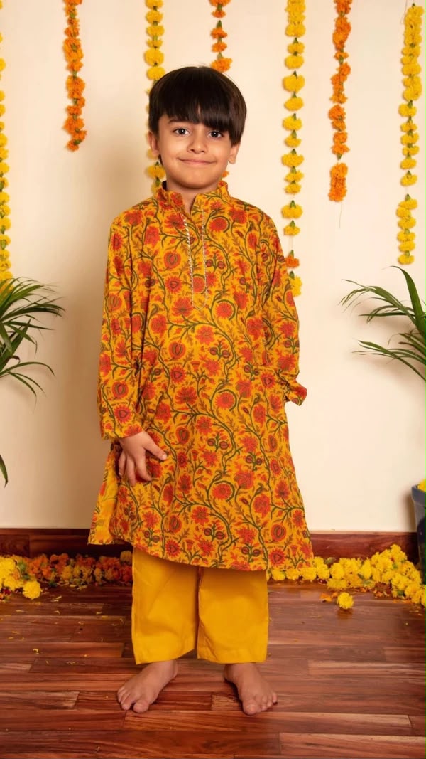DARPAN MUSTARD YELLOW HAND BLOCK PRINT COTTON FAMILY OUTFIT COMBO