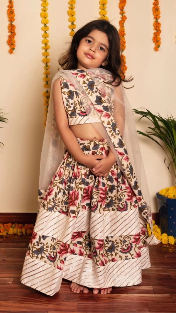 GARDEN ROSE OFF WHITE BLOCK PRINT COTTON FAMILY OUTFIT COMBO