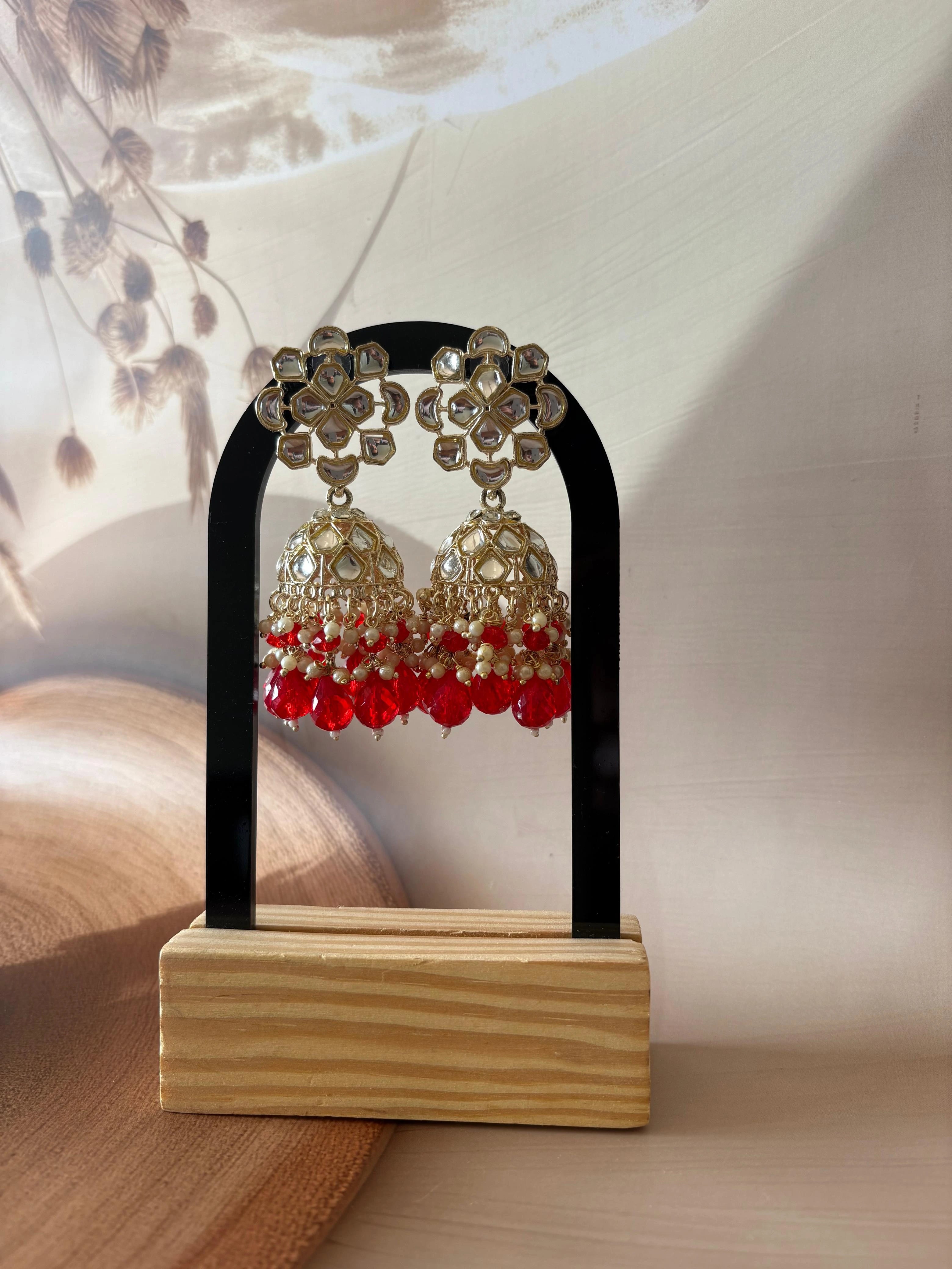 KUNDAN POLKI RED PEARL EARRING SET