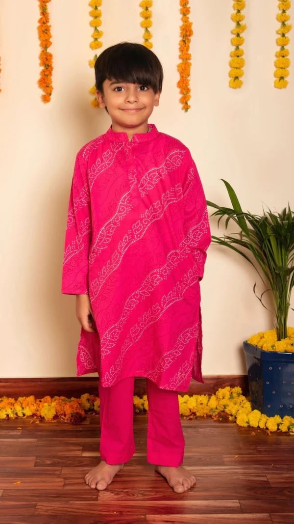 PINK BANDHEJ COTTON FAMILY OUTFIT COMBO