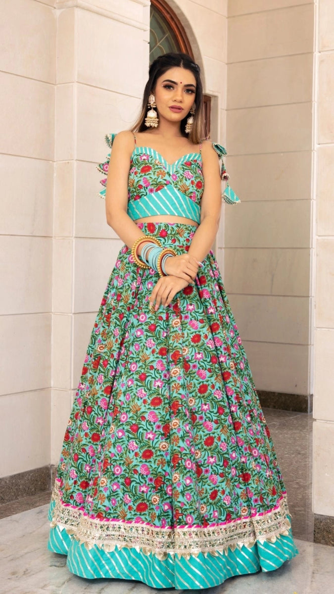 AASMA AQUA BLUE HAND BLOCK PRINT COTTON LEHENGA WITH ORGANZA DUPATTA SET - Pomcha Jaipur