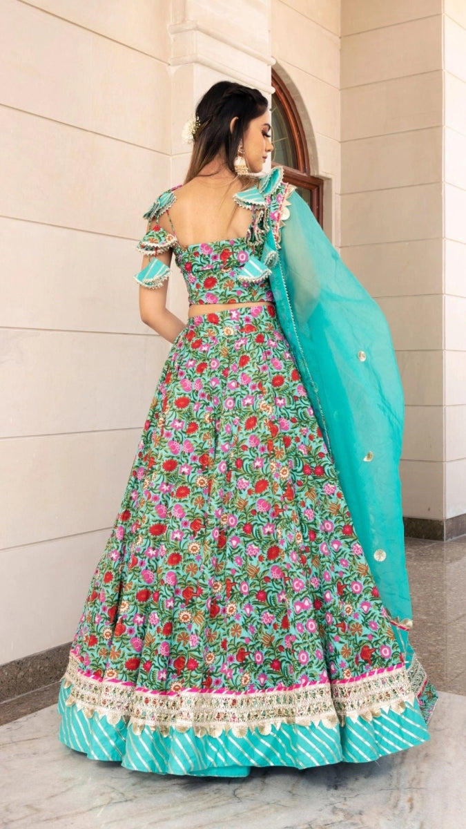 AASMA AQUA BLUE HAND BLOCK PRINT COTTON LEHENGA WITH ORGANZA DUPATTA SET - Pomcha Jaipur