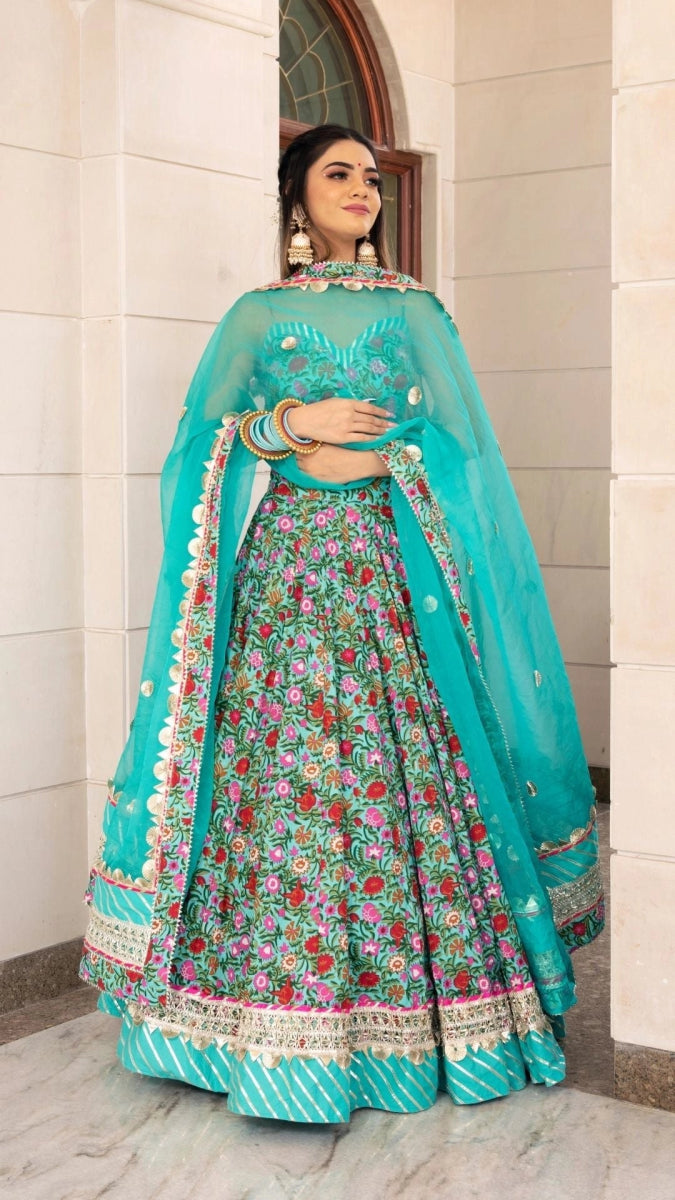 AASMA AQUA BLUE HAND BLOCK PRINT COTTON LEHENGA WITH ORGANZA DUPATTA SET - Pomcha Jaipur