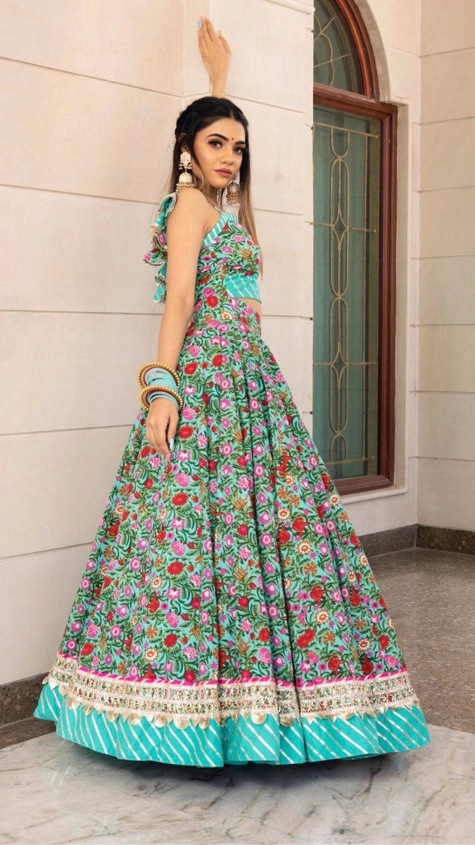 AASMA AQUA BLUE HAND BLOCK PRINT COTTON LEHENGA WITH ORGANZA DUPATTA SET - Pomcha Jaipur
