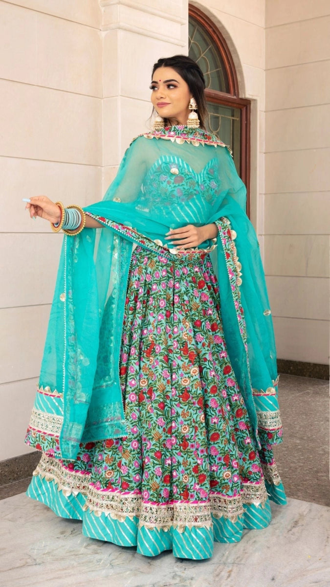 AASMA AQUA BLUE HAND BLOCK PRINT COTTON LEHENGA WITH ORGANZA DUPATTA SET - Pomcha Jaipur