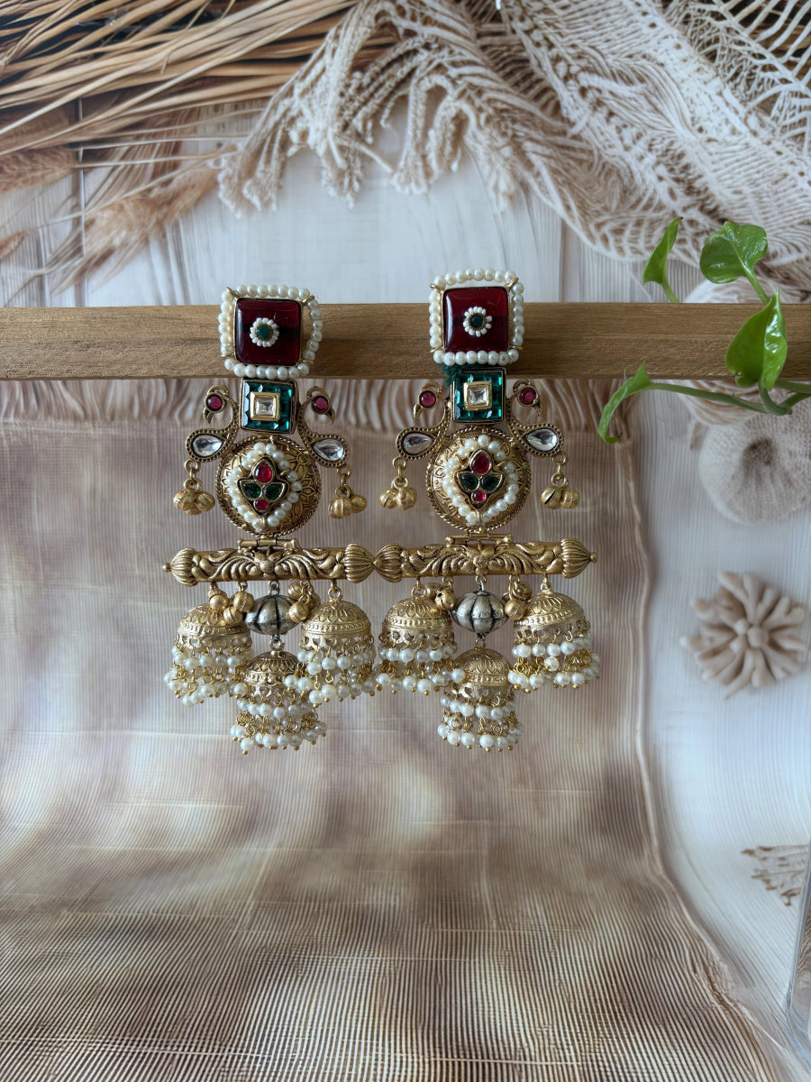 ADHVIKA GOLD TONE STONE STUDDED JHUMKA EARRING SET - Pomcha Jaipur