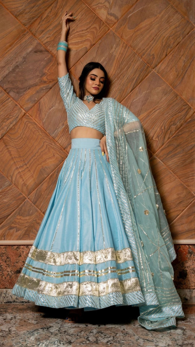 AYESHA BLUE COTTON SILK LEHENGA WITH LAPPA WORK AND ORGANZA DUPATTA SET - Pomcha Jaipur