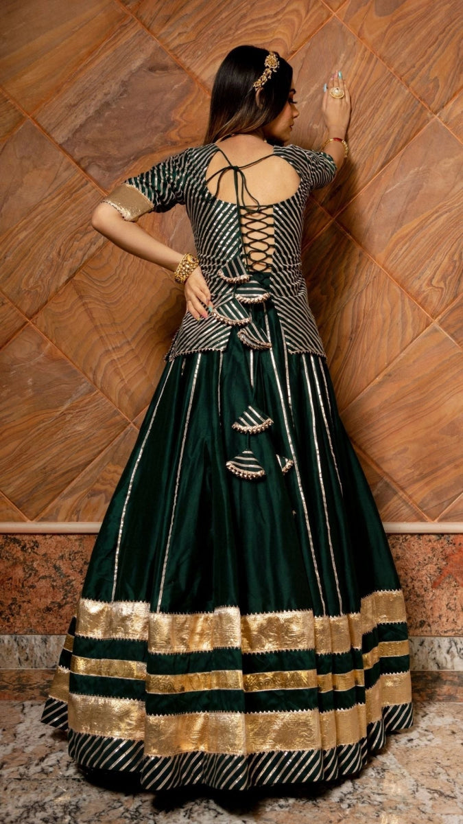 BAISA DARK GREEN COTTON SILK WITH LAPPA WORK LEHENGA AND JAAL WORK ORGANZA DUPATTA SET - Pomcha Jaipur
