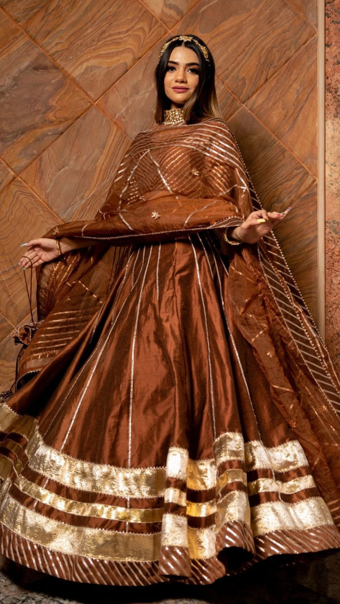 BANI THANI BROWN COTTON SILK LEHENGA with lappa work and jaal work organza dupatta set - Pomcha Jaipur