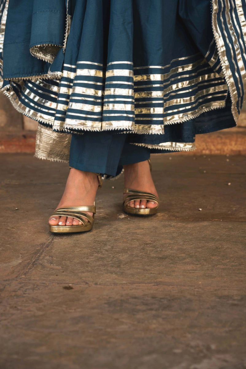 BERRY SPARY COTTON BLUE ANARKALI WITH COTTON DUPATTA - Pomcha Jaipur