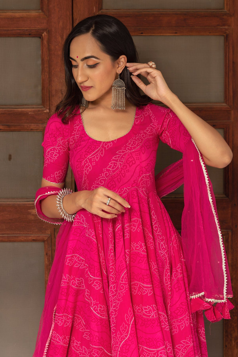 BHANDHEJ PINK COTTON HAND BLOCK ANARKALI SET WITH SOFT NET DUPATTA - Pomcha Jaipur