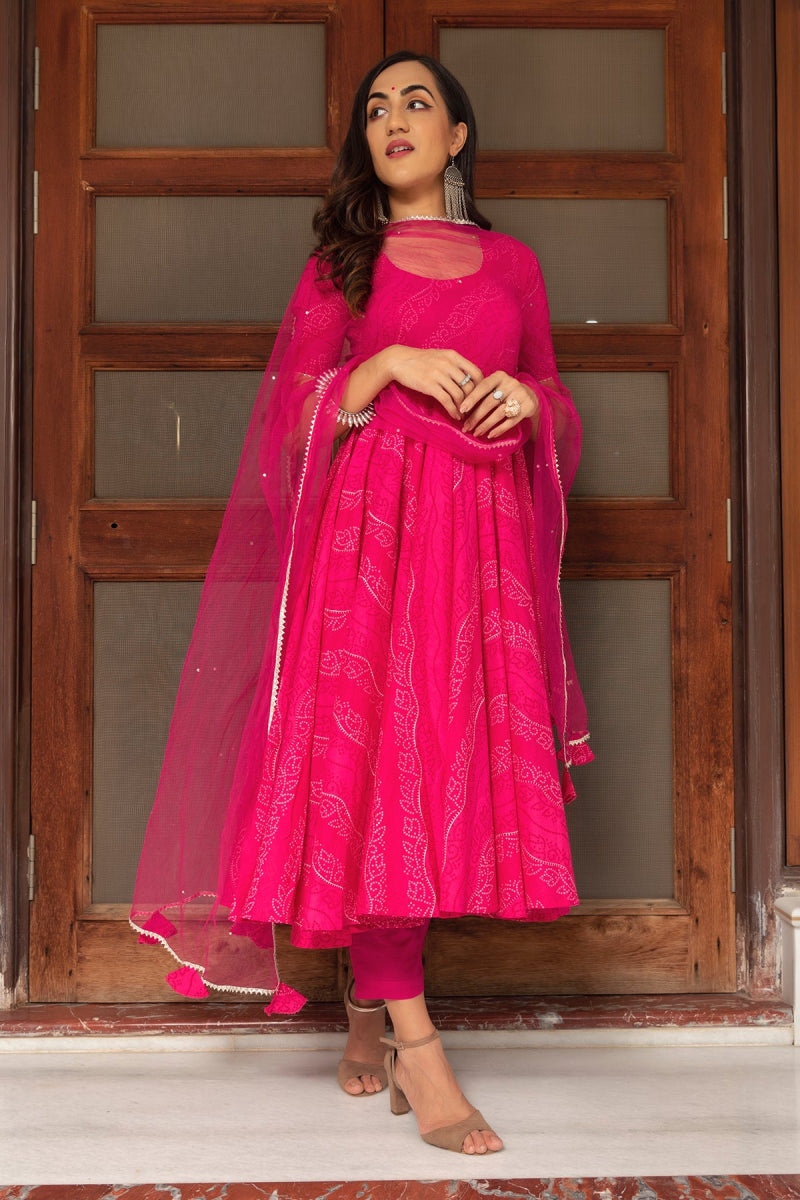 BHANDHEJ PINK COTTON HAND BLOCK ANARKALI SET WITH SOFT NET DUPATTA - Pomcha Jaipur