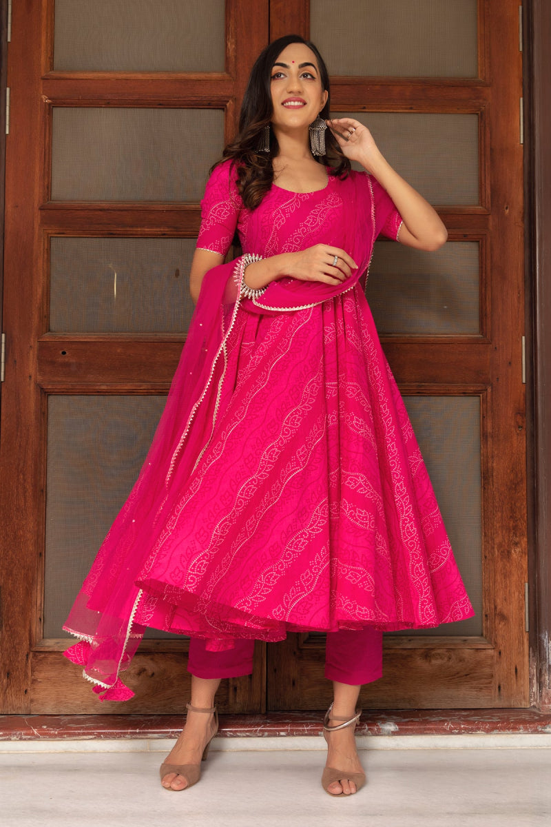 BHANDHEJ PINK COTTON HAND BLOCK ANARKALI SET WITH SOFT NET DUPATTA - Pomcha Jaipur
