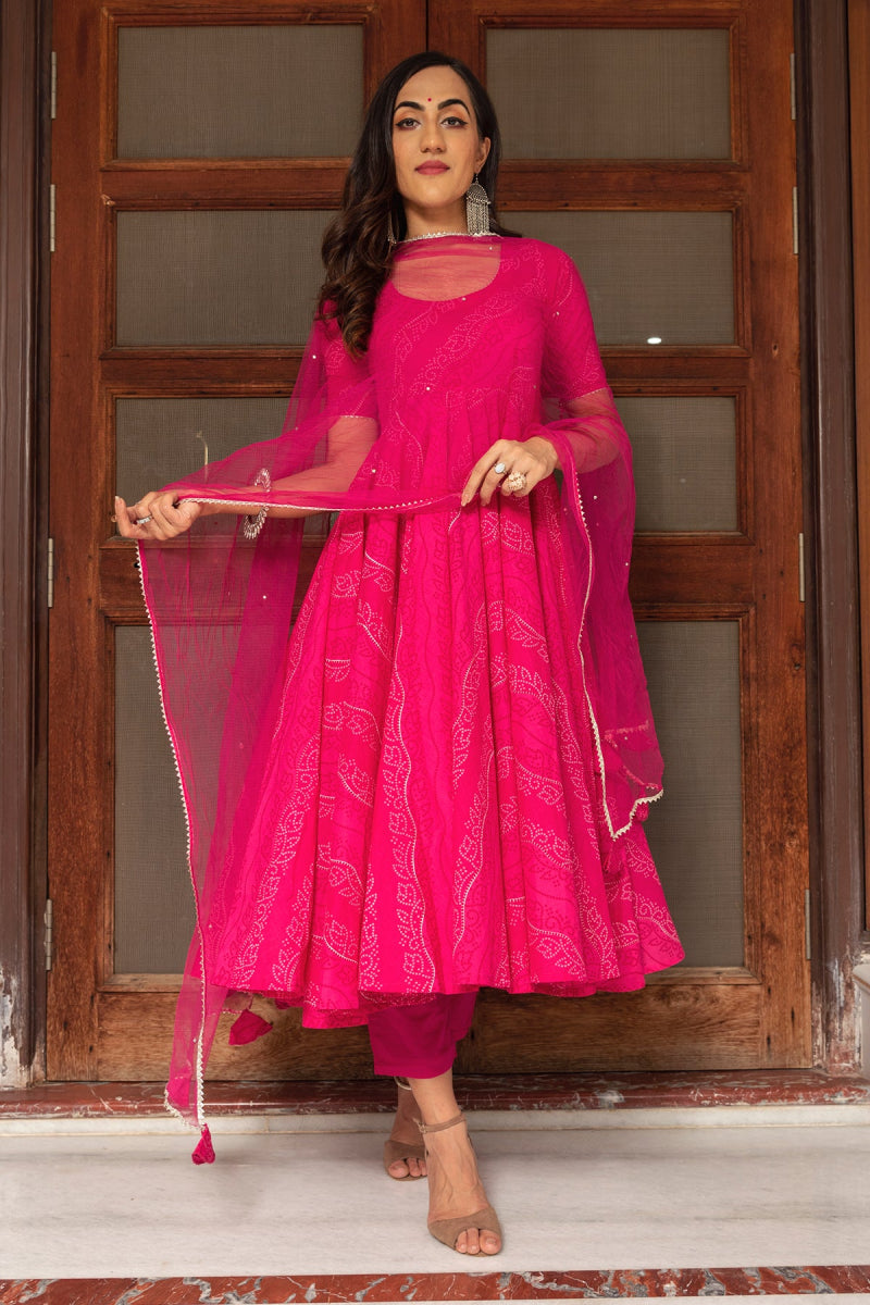 BHANDHEJ PINK COTTON HAND BLOCK ANARKALI SET WITH SOFT NET DUPATTA - Pomcha Jaipur