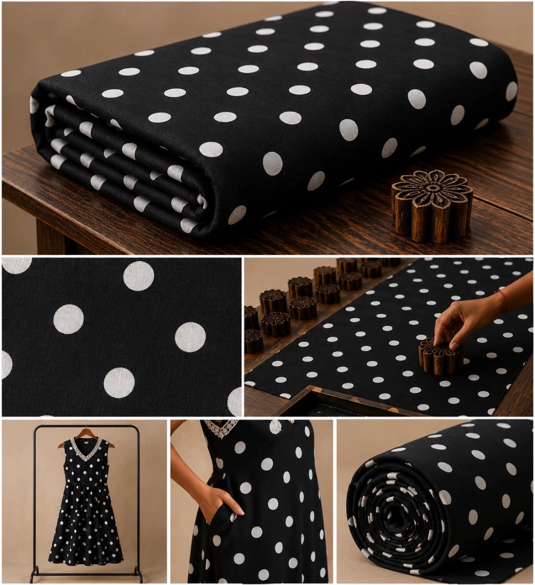 BLACK POLKA DOT COTTON FABRIC - Pomcha Jaipur