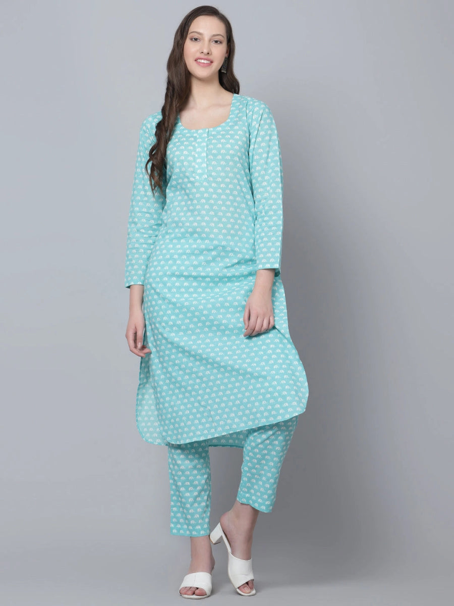 BLUE AMBER COTTON HAND BLOCK KURTA PANT SET - Pomcha Jaipur