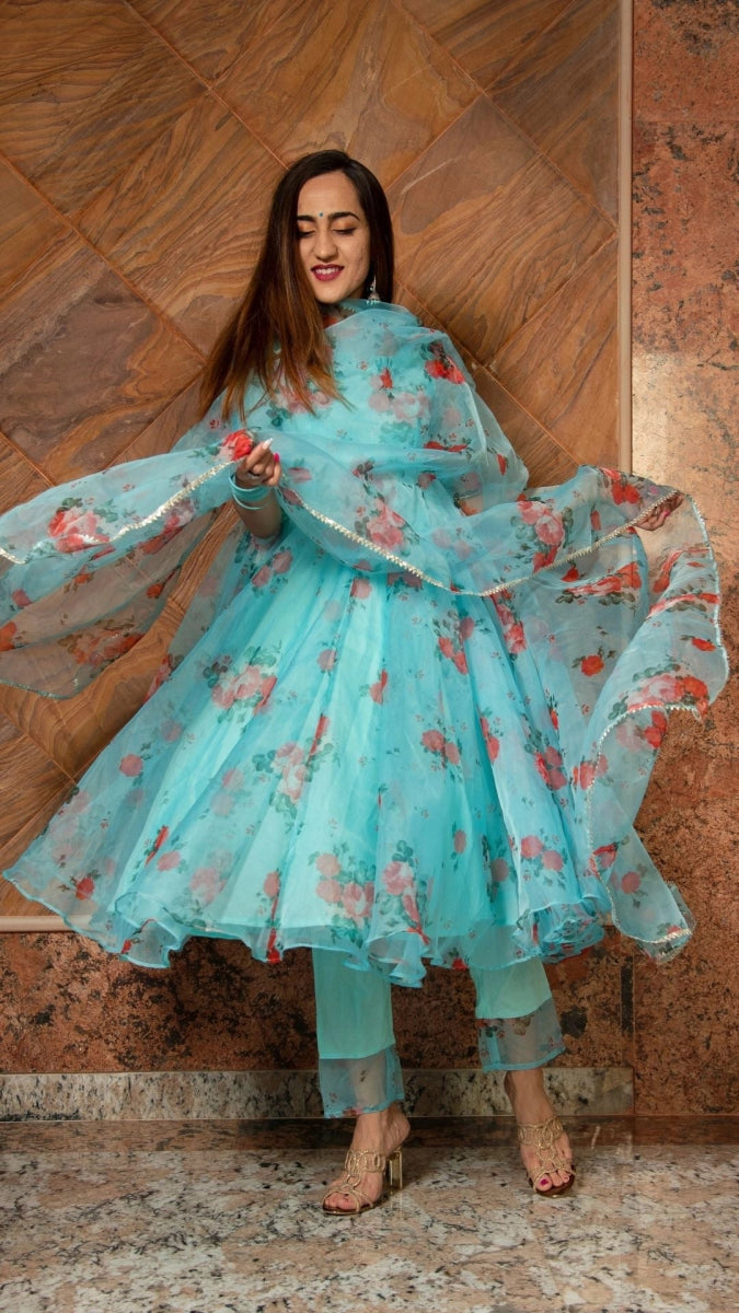 BLUE AND RED FLORAL ORGANZA ANARKALI SET WITH ORGANZA DUPATTA