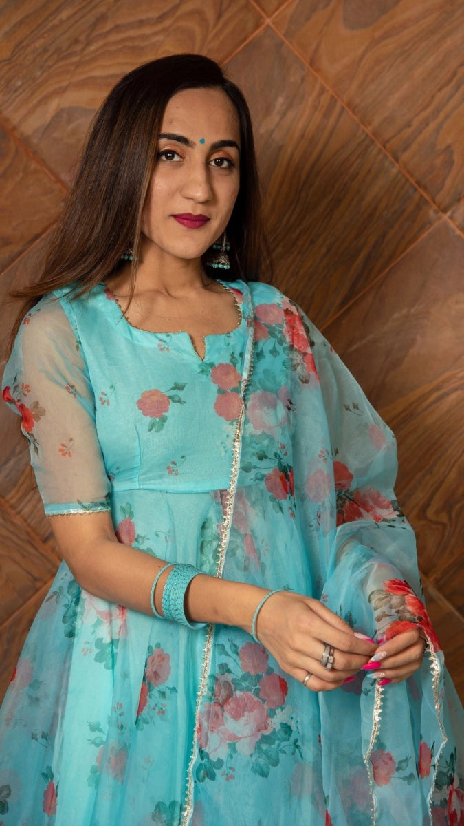 BLUE AND RED FLORAL ORGANZA ANARKALI SET WITH ORGANZA DUPATTA - Pomcha Jaipur