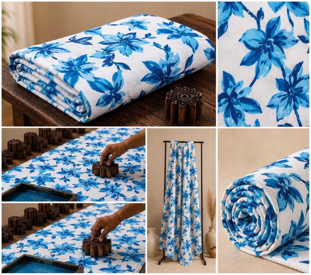 BLUE BLOSSOM COTTON FABRIC - Pomcha Jaipur