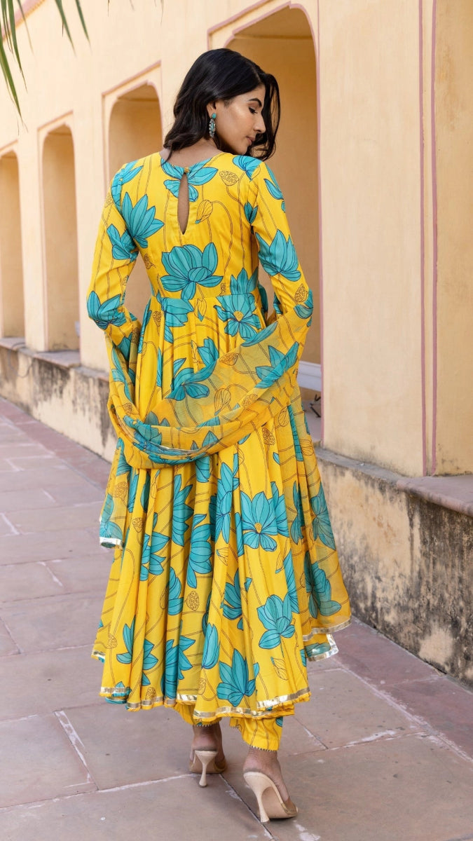 BLUE CARNATION MUSLIN ANARKALI SET WITH CHFFON DUPATTA - Pomcha Jaipur