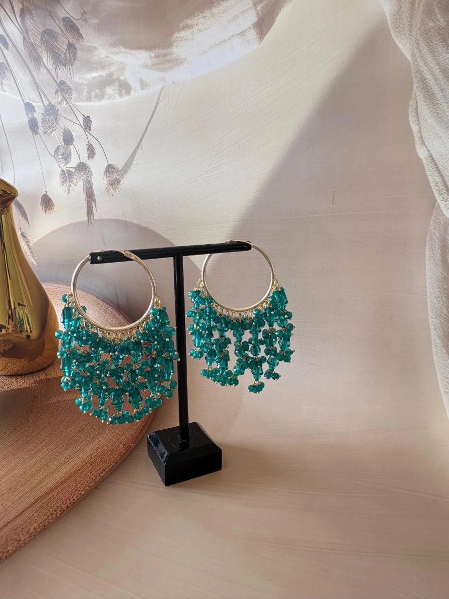 BLUE GREEN PEARL DROP JHUMKA SET - Pomcha Jaipur