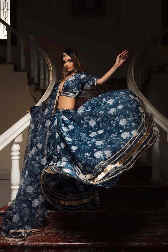 Bluebell MODAL chanderi silk blue LEHENGA with digital print and lace work organza dupatta SET - Pomcha Jaipur