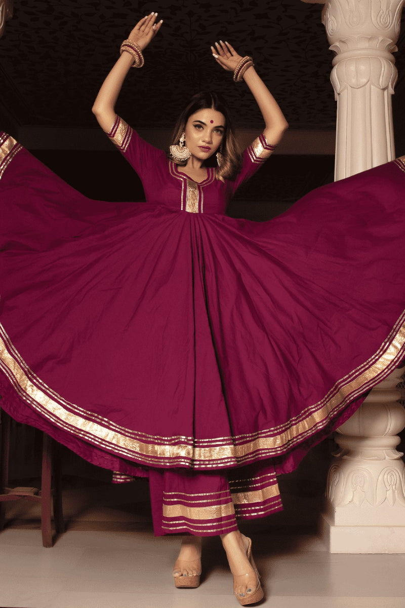 BURGUNDY PURE COTTON ANARKALI SET WITH JAAL WORK COTTON DUPATTA - Pomcha Jaipur
