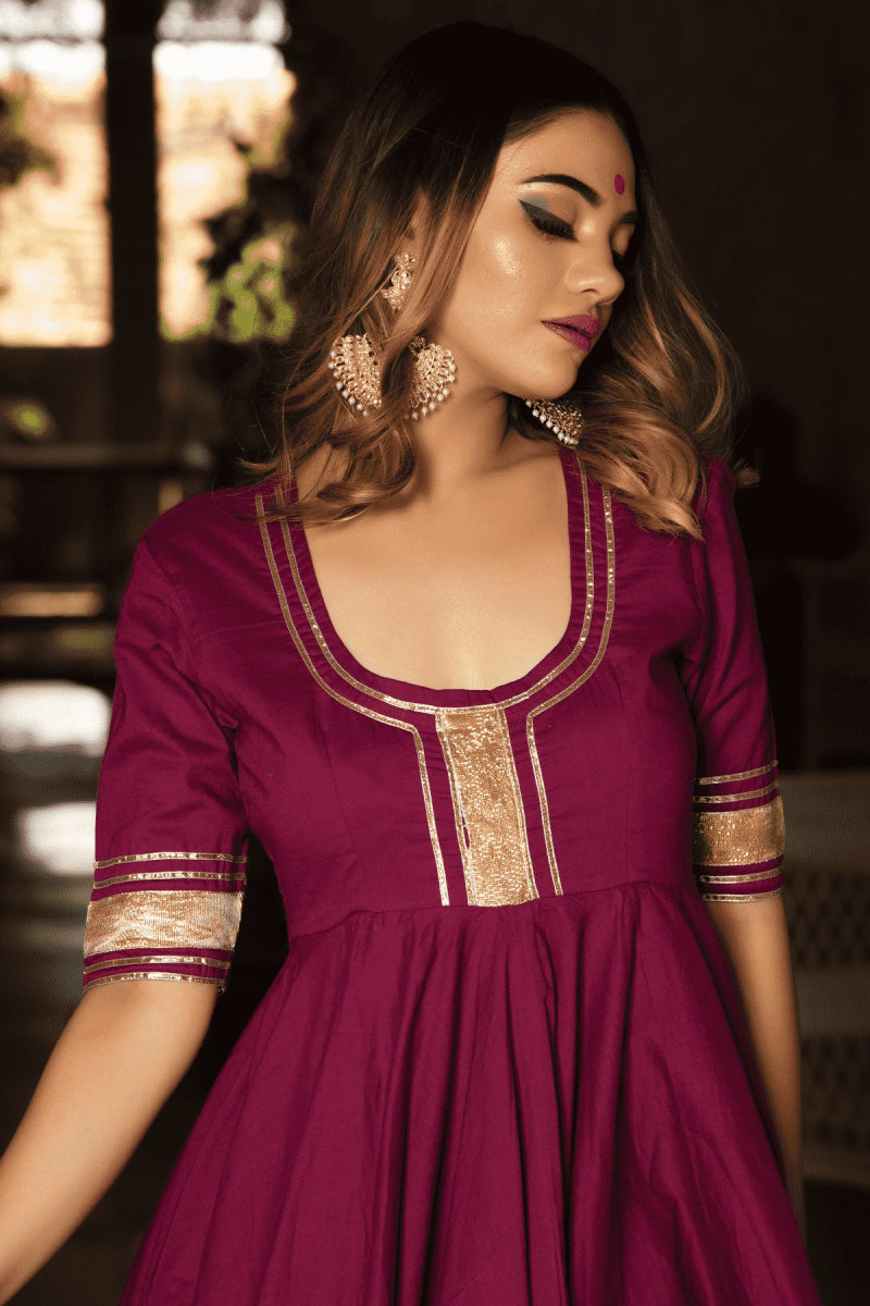 BURGUNDY PURE COTTON ANARKALI SET WITH JAAL WORK COTTON DUPATTA - Pomcha Jaipur