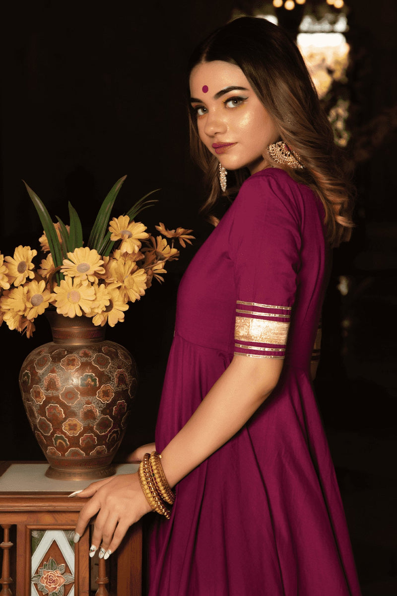 BURGUNDY PURE COTTON ANARKALI SET WITH JAAL WORK COTTON DUPATTA - Pomcha Jaipur
