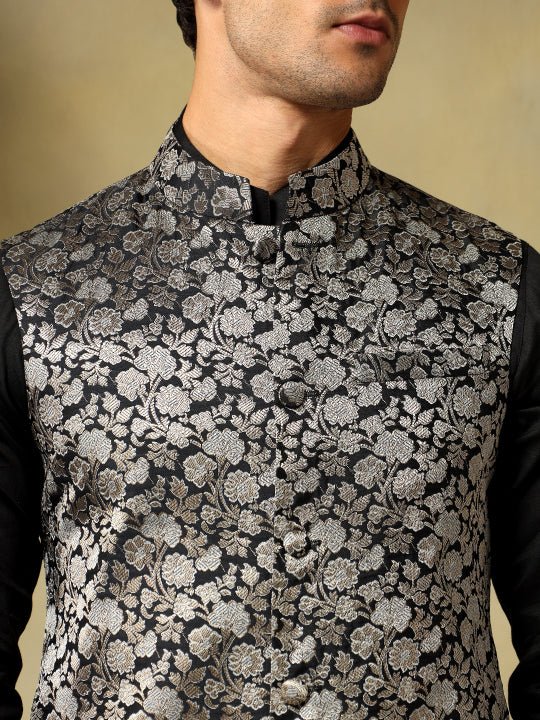 CHAAP MEN'S BLACK DOLA SILK KURTA SET WITH BROCADE JACKET - Pomcha Jaipur