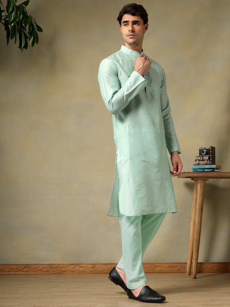 CHAAP MEN'S TURQUOISE COTTON SILK KURTA SET - Pomcha Jaipur