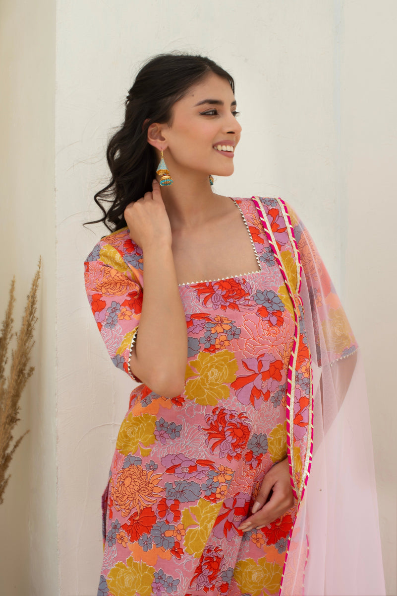 CHHIPA BAZAR AABIRA PINK COTTON GOTA PATTI SUIT SET WITH SOFT NET DUPATTA - Pomcha Jaipur