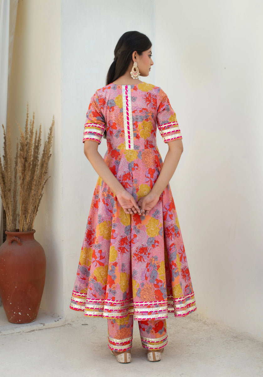 CHHIPA BAZAR AABROO PINK COTTON GOTA PATTI ANARKALI SET WITH SOFT NET DUPATTA - Pomcha Jaipur