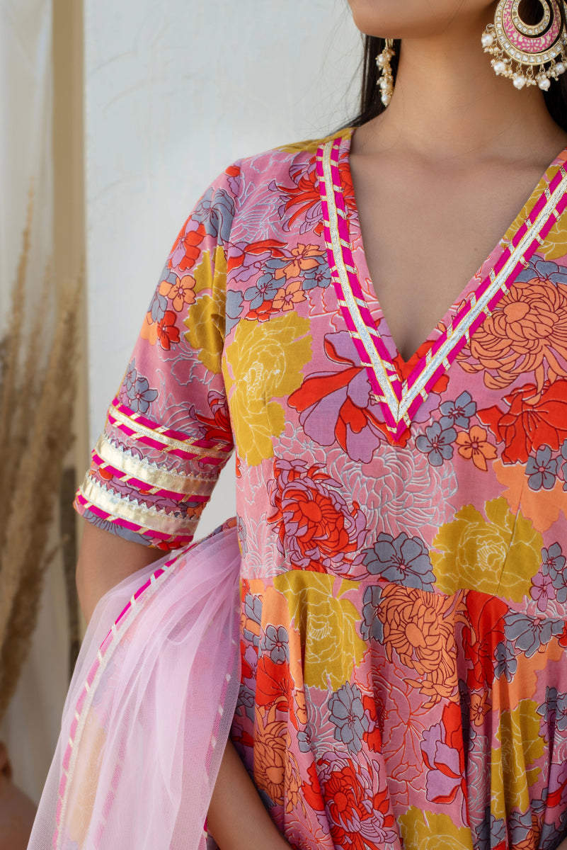 CHHIPA BAZAR AABROO PINK COTTON GOTA PATTI ANARKALI SET WITH SOFT NET DUPATTA - Pomcha Jaipur