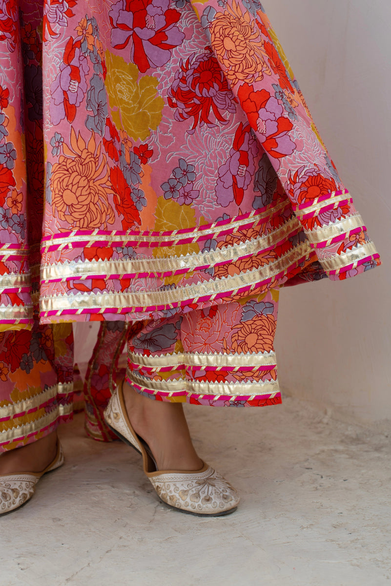CHHIPA BAZAR AABROO PINK COTTON GOTA PATTI ANARKALI SET WITH SOFT NET DUPATTA - Pomcha Jaipur