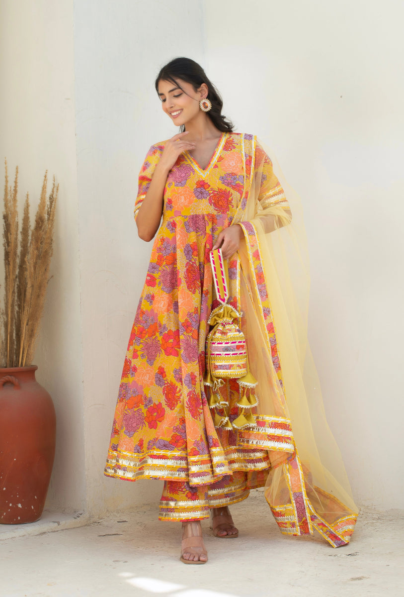 CHHIPA BAZAR AABROO YELLOW COTTON GOTA PATTI ANARKALI SET WITH SOFT NET DUPATTA - Pomcha Jaipur