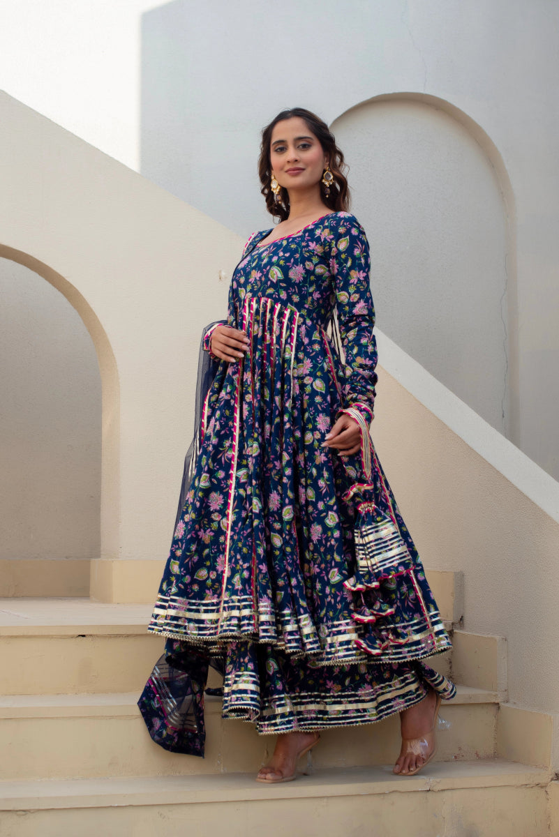CHHIPA BAZAR BLUE MASTANI COTTON GOTA PATTI ANARKALI SET WITH SOFT NET DUPATTA - Pomcha Jaipur