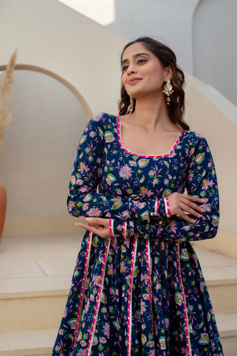 CHHIPA BAZAR BLUE MASTANI COTTON GOTA PATTI ANARKALI SET WITH SOFT NET DUPATTA - Pomcha Jaipur