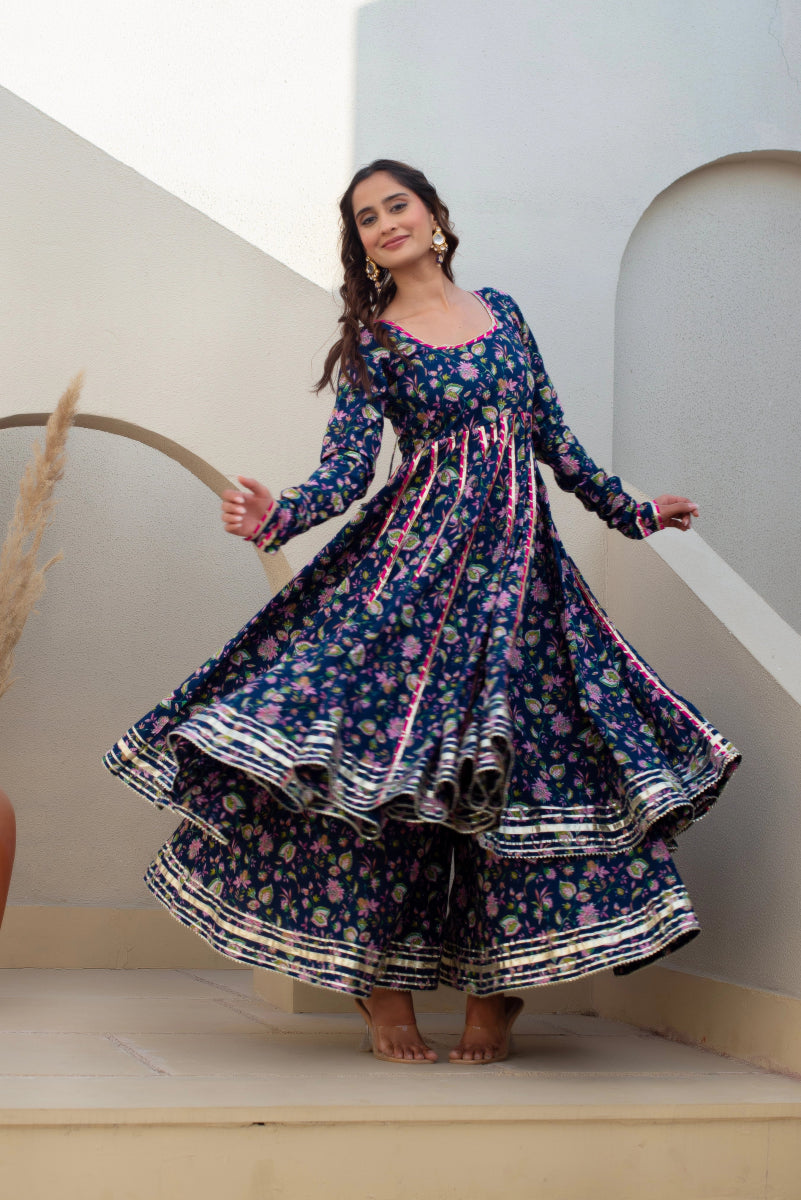 CHHIPA BAZAR BLUE MASTANI COTTON GOTA PATTI ANARKALI SET WITH SOFT NET DUPATTA - Pomcha Jaipur