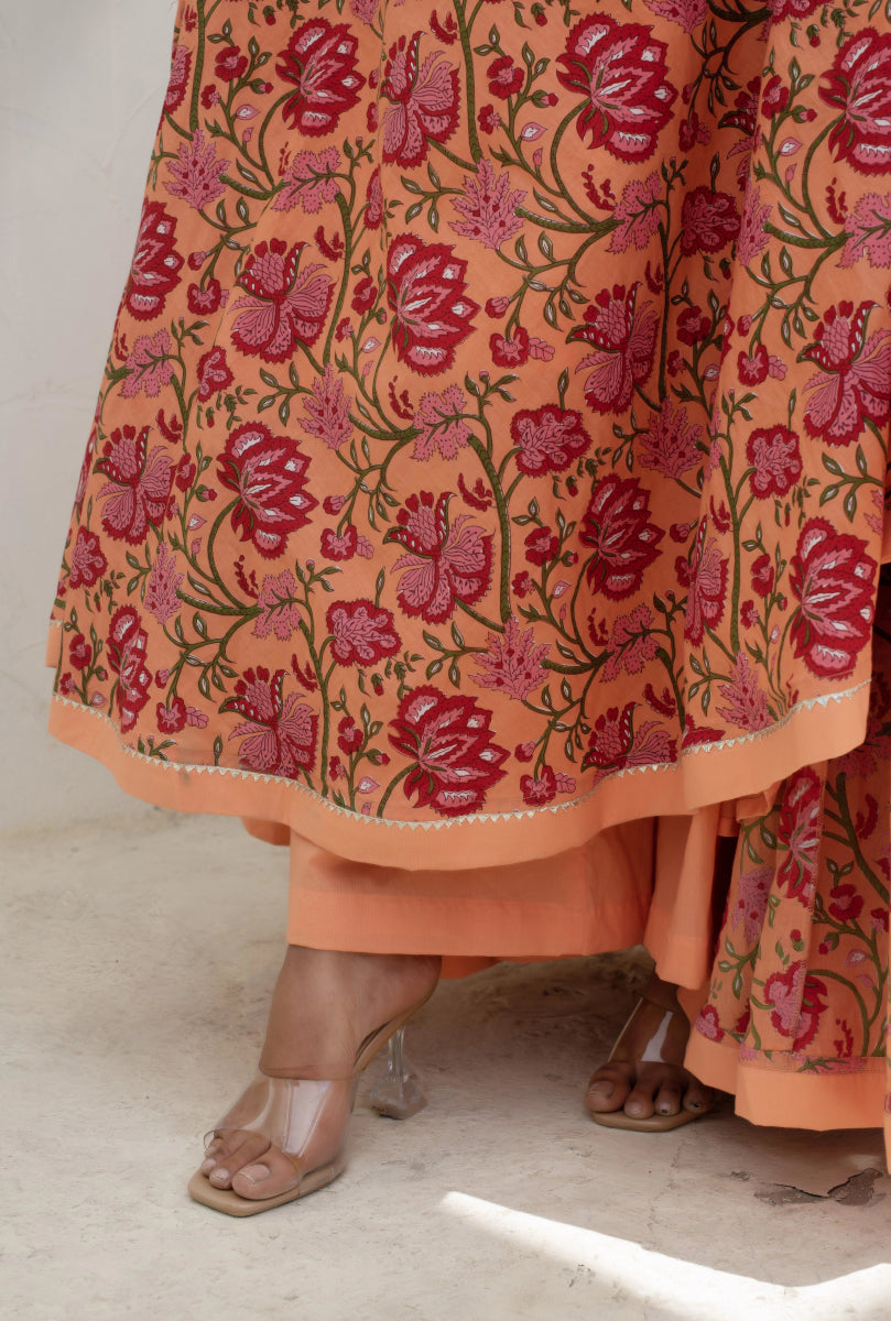 CHHIPA BAZAR CHAND PEACH LONG COTTON ANARKALI WITH SOFT NET DUPATTA - Pomcha Jaipur