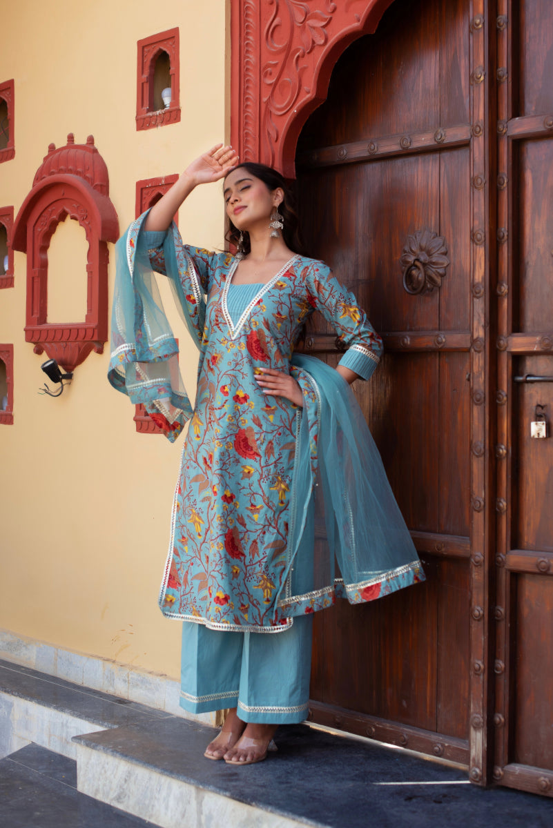CHHIPA BAZAR GREY COTTON HAND BLOCK PRINT SUIT SET WITH SOFT NET DUPATTA - Pomcha Jaipur