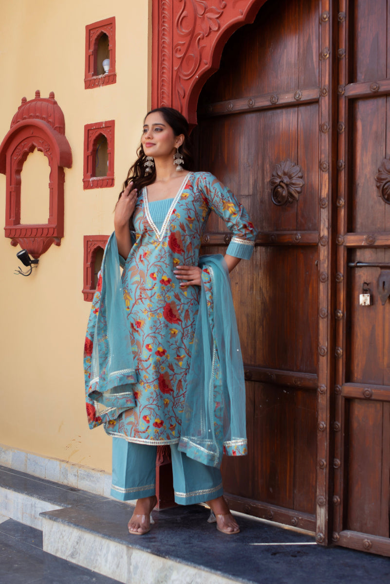 CHHIPA BAZAR GREY COTTON HAND BLOCK PRINT SUIT SET WITH SOFT NET DUPATTA - Pomcha Jaipur