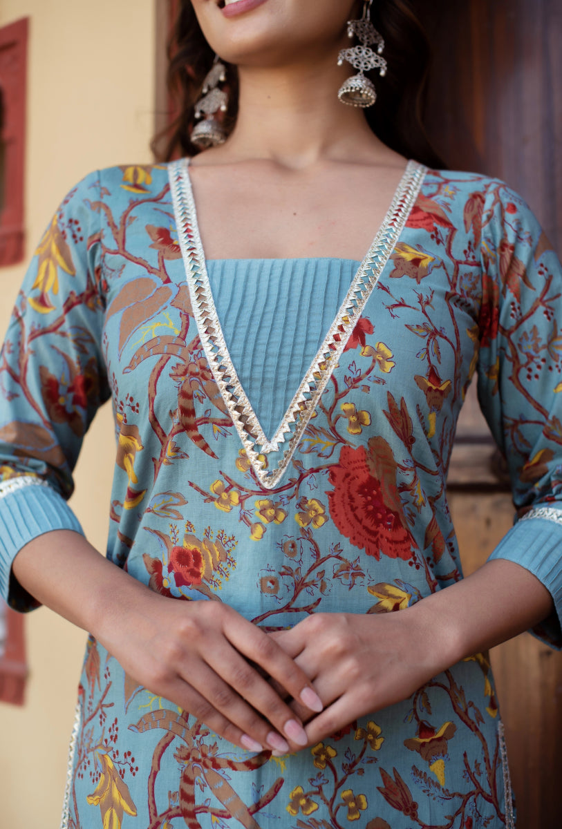 CHHIPA BAZAR GREY COTTON HAND BLOCK PRINT SUIT SET WITH SOFT NET DUPATTA - Pomcha Jaipur