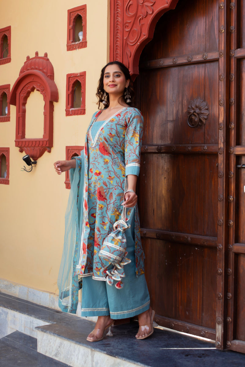 CHHIPA BAZAR GREY COTTON HAND BLOCK PRINT SUIT SET WITH SOFT NET DUPATTA - Pomcha Jaipur