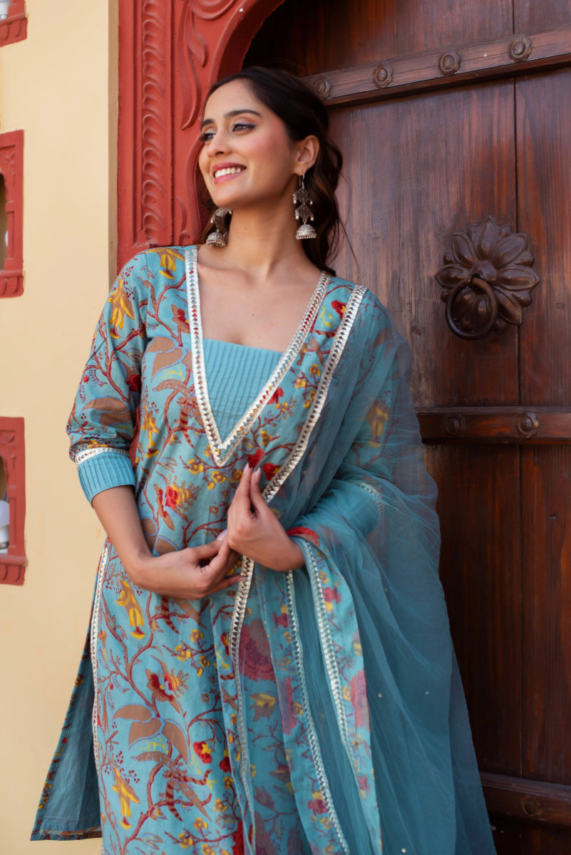 CHHIPA BAZAR GREY COTTON HAND BLOCK PRINT SUIT SET WITH SOFT NET DUPATTA - Pomcha Jaipur