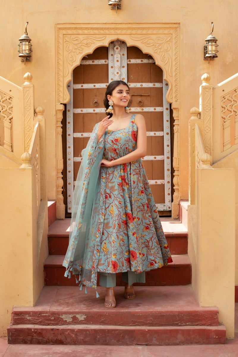 CHHIPA BAZAR GREY HAND BLOCK COTTON ANARKALI WITH SOFT NET DUPATTA - Pomcha Jaipur