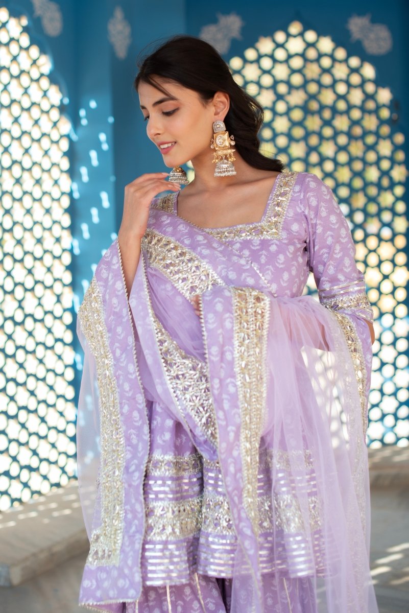 CHHIPA BAZAR LILAC COTTON GOTA PATTI HAND BLOCK SHARARA SET WITH SOFT NET DUPATTA - Pomcha Jaipur