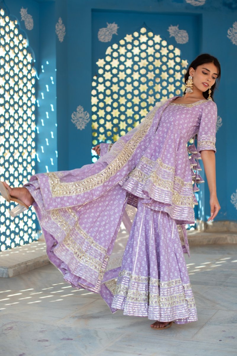 CHHIPA BAZAR LILAC COTTON GOTA PATTI HAND BLOCK SHARARA SET WITH SOFT NET DUPATTA - Pomcha Jaipur